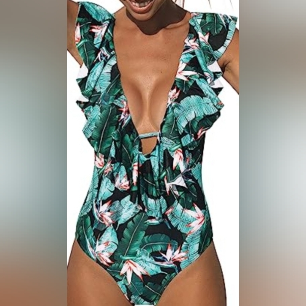 SPORLIKE Women One Piece Swimsuit V-Neck Ruffle Bathing Suit Padded Monokini.